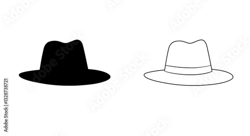 Contrast of Shadows: A graphic representation of fedora hat, one in stark black, the other a simple outline, symbolizing duality and the play of light and shadow. 
