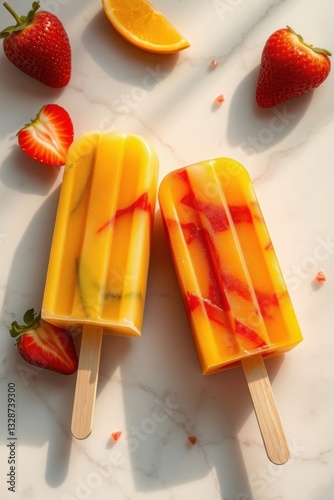 Delicious fruity popsicles with vibrant colors and fresh ingredients on a marble surface