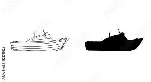 Vessel Silhouette and Outline: A detailed outline and silhouette of a motorboat, showing its design and structure with a focus on transportation and maritime elements.