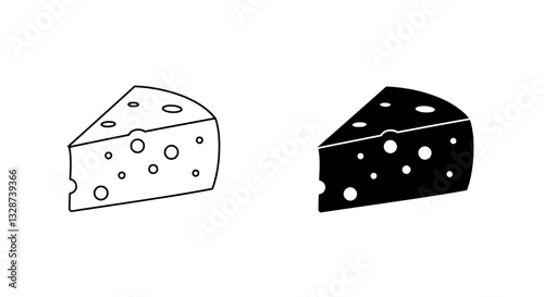 Cheese Icon Set: A minimalist illustration showcasing a wedge of cheese in both outline and filled styles. Capturing simplicity and the essence of this dairy delight.