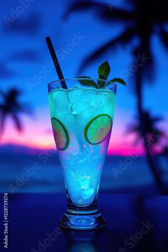 Vibrant tropical cocktail glows against a stunning sunset on a serene beach with palm trees