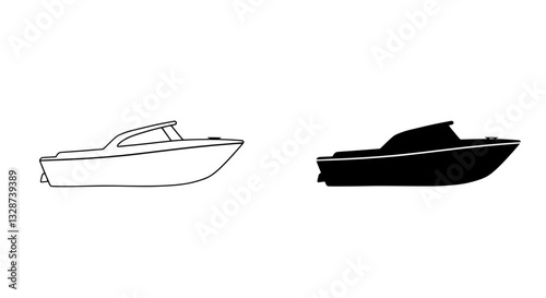 Streamlined Silhouette: A minimalist rendering of two sleek motorboats side by side, one presented in outline form and the other as a bold silhouette.