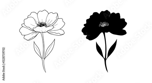 Delicate Bloom: A delicate artistic image of a flower. One is illustrated with elegant lines, and the other in solid black, showcasing the beauty in contrasting form. 