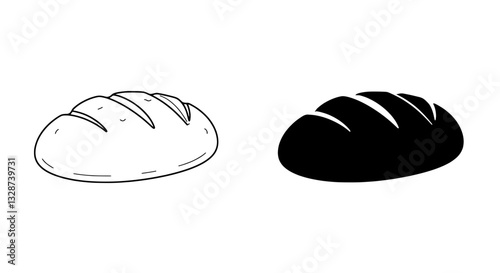 Artisan Loaf Illustration: A pair of artisanal bread loaves illustrated in contrasting styles – one outlined and the other solid black – highlighting the form and texture of freshly baked goods.