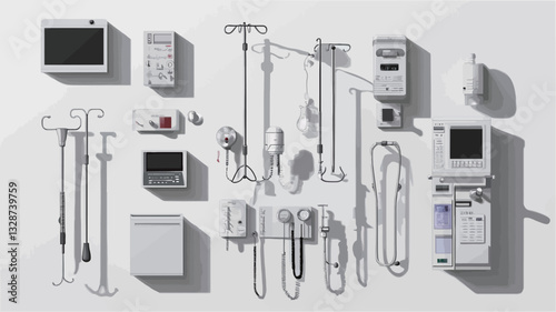 A high-angle, full shot depicts an assortment of medical equipment arranged on a white background.  The items are predominantly white and light grey, appearing clean and sterile.  The equipment