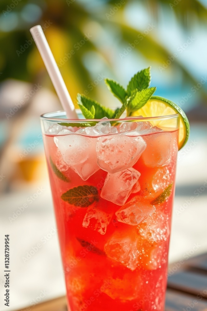 Refreshing tropical drink served with mint leaves and lime on a sunny beach getaway Refreshing tropical drink served with mint leaves and lime on a sunny beach getaway