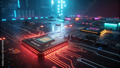 High-Tech CPU Chip on Circuit Board, Glowing with Light