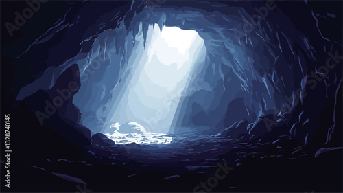 The image is a photograph or digital rendering depicting the interior of a cave.  The overall color palette is predominantly dark blue and black, with a bright, almost white, beam of light