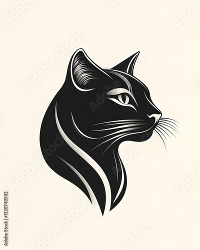 Elegant black cat profile, stylized art deco design