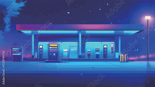 The image depicts a gas station at night, illuminated by vibrant neon lights in shades of blue, pink, and purple. The architectural style is simple and modern. The scene is empty, with no people or