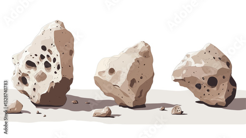 A digital illustration depicts three irregularly shaped porous rocks against a white background. The rocks are primarily light beige and brown, exhibiting a rough texture with visible holes and