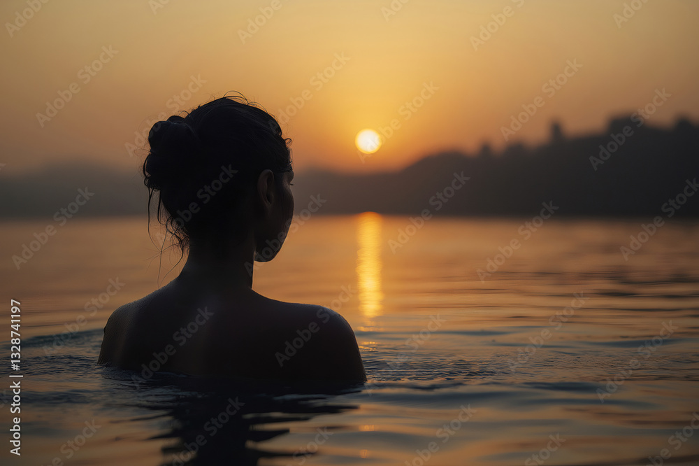 Woman enjoying a peaceful moment while immersing in the Ganges River during a beautiful sunset in Varanasi, India Woman enjoying a peaceful moment while immersing in the Ganges River during a beautiful sunset in Varanasi, India