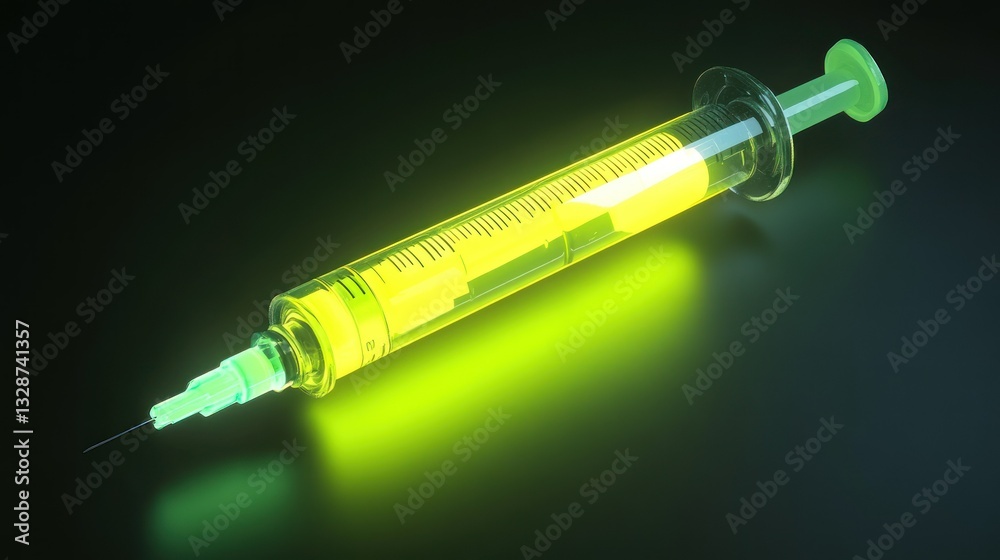 Glowing syringe filled with yellow liquid ready for injection Glowing syringe filled with yellow liquid ready for injection