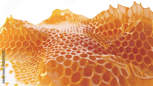Close-up macro photograph of a honeycomb structure. The image shows a detailed view of the hexagonal cells, filled with a golden-amber substance. The texture is prominent, with variations in light