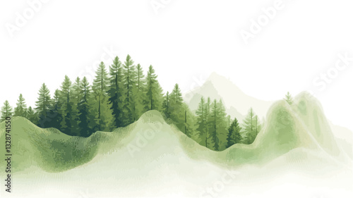 Digital illustration depicting a stylized landscape.  The image features a cluster of dark green pine trees situated atop rolling, soft green hills. The hills are rendered with a soft, almost hazy