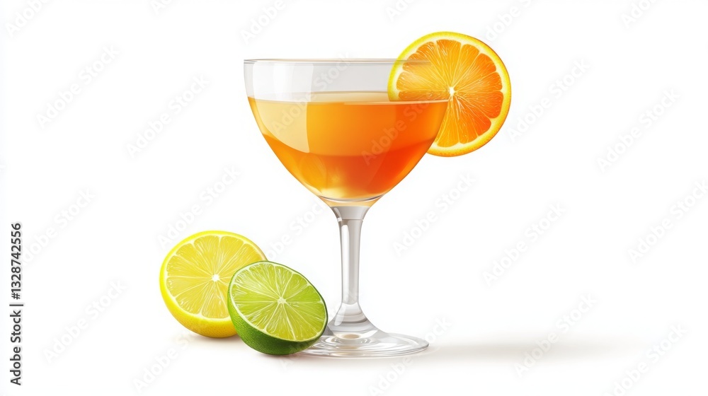 Colorful citrus cocktail sits elegantly in a glass with fresh lime and lemon slices beside it Colorful citrus cocktail sits elegantly in a glass with fresh lime and lemon slices beside it