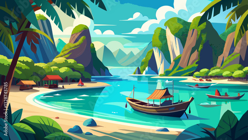 Panorama amazed nature scenic landscape Maya Bay with boat for traveler, Attraction famous popular place tourist travel Phuket Thailand beach summer vacation trips, Tourism beautiful destination 