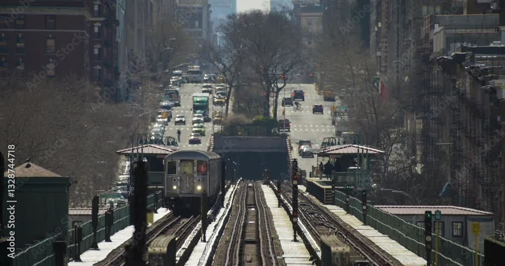 Number 1 Line Subway Train Running on Above-Ground Track in New York City