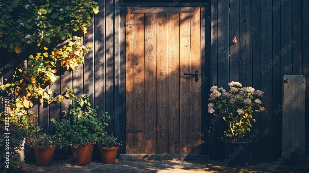 Fototapeta premium A wooden door surrounded by lush greenery and plants outside