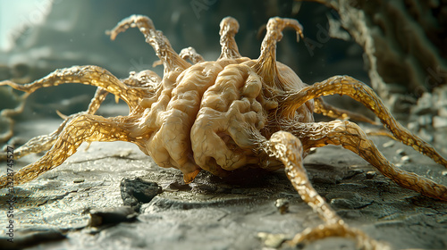 Alien Brain Parasite with Tentacles in a Sci-Fi Environment. A surreal brain-like creature with tentacle limbs crawling in an eerie landscape.
