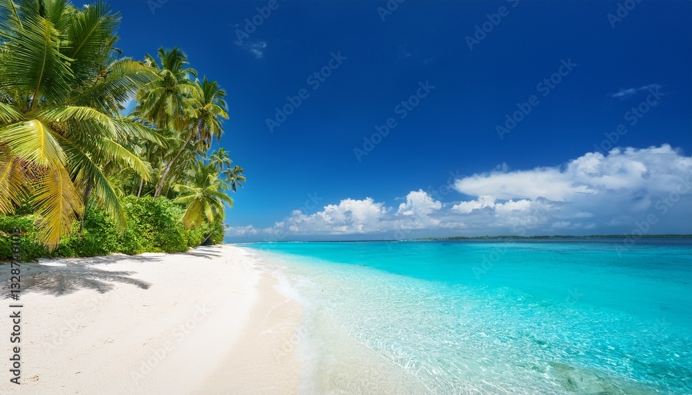 Fototapeta premium A tropical beach with crystal-clear turquoise water, soft white sand, swaying palm trees, and a bright blue sky, creating a perfect paradise getaway.