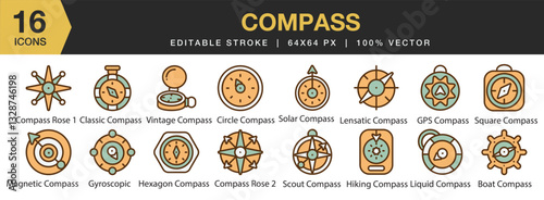 Compass flat color icon set. Includes boat, circle, gps, gyroscopic, hiking, and More. Flat color icons vector collection.