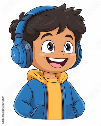 Happy boy wearing blue headphones and hoodie