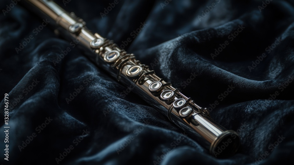 Naklejka premium A Shiny Silver Flute Resting Upon Soft Dark Blue Fabric