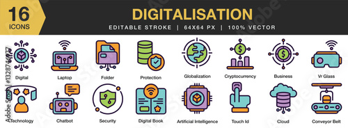 Digitalisation flat color icon set. Includes artificial intelligence, chat bot, digital book, folder, touch id, and More. Flat color icons vector collection.