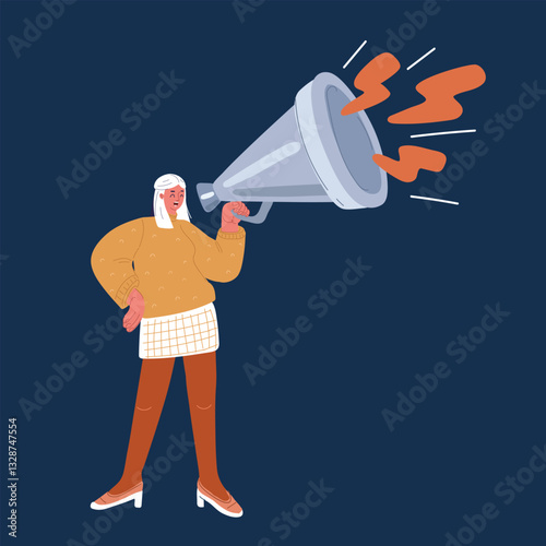 Cartoon vector illustration of a determined woman shouting into a megaphone, leading the charge for unstoppable feminist change against dark background