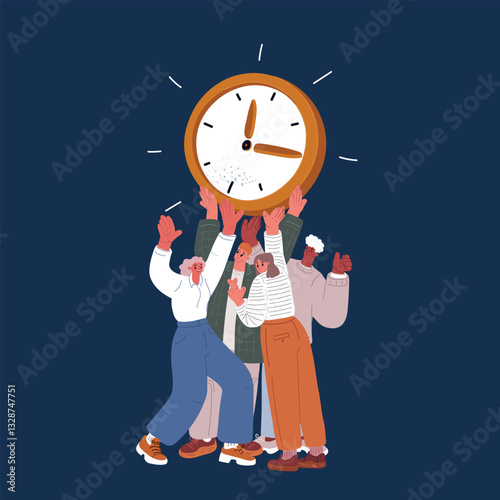 Cartoon vector illustration of a team lifting a giant clock dial, symbolizing teamwork and effective time management against dark background