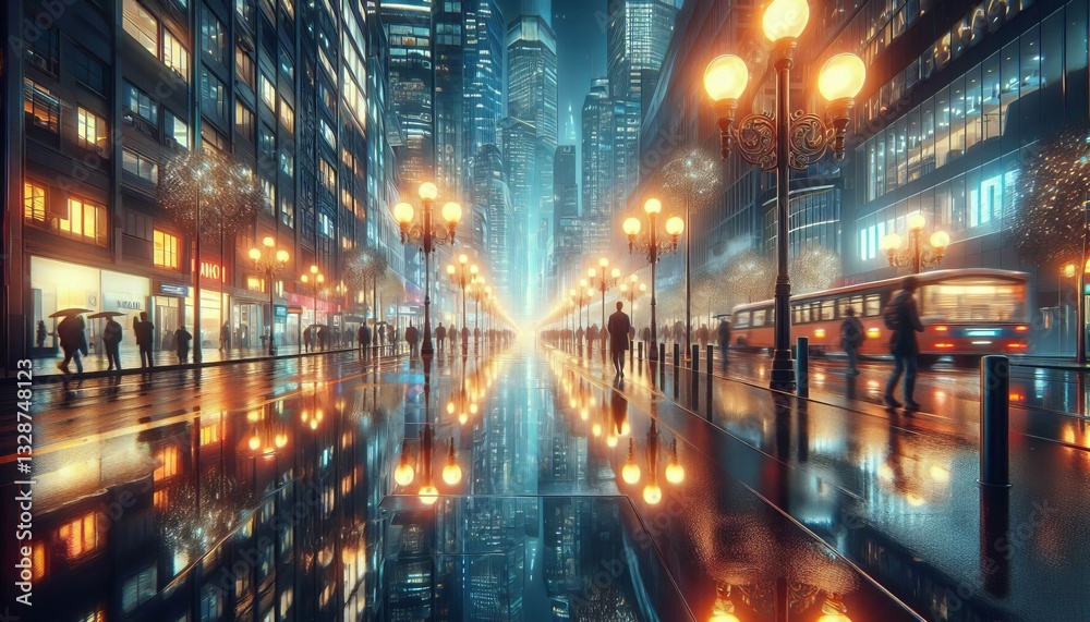 Rainy morning Wet pavement reflecting city lights like mirrors Rainy morning Wet pavement reflecting city lights like mirrors