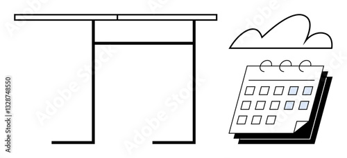 Desk with simple lines, cloud, and spiral-bound calendar emphasizing productivity, scheduling, and planning. Ideal for time management, work-life balance, office, minimalism deadlines organization
