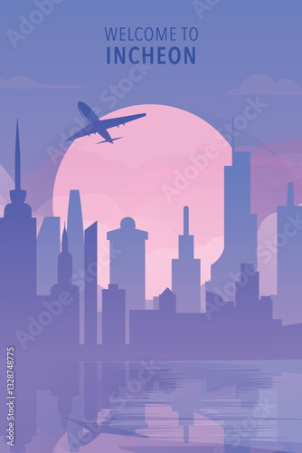 Welcome to Incheon, South Korea. Gradient city poster, card with shapes of skyline, waterfront and airplane. Asia megacity travel vector illustration, print, graphic