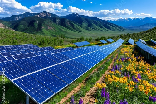Solar panels stretching across the hills, collecting sunlight and converting it into clean energy. Generative AI
