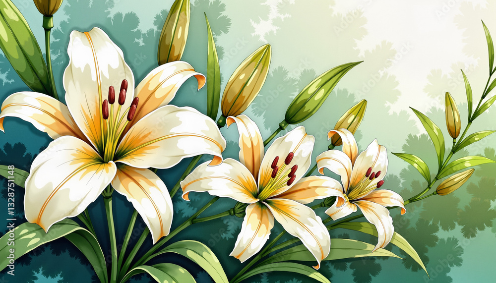 Obraz premium Elegant white lilies blooming in serene garden, spring symbolism, Palm Sunday, Watercolor style