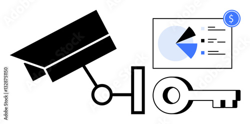 Surveillance camera, key, and analytics chart conveying security, privacy, monitoring, data access, protection, financial insights and control systems. Ideal for safety cybersecurity analytics