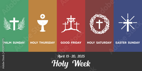Holy Week 2025. Cross, palm leaves, cup and crown. Great for cards, banners, posters, social media and more. Black background.