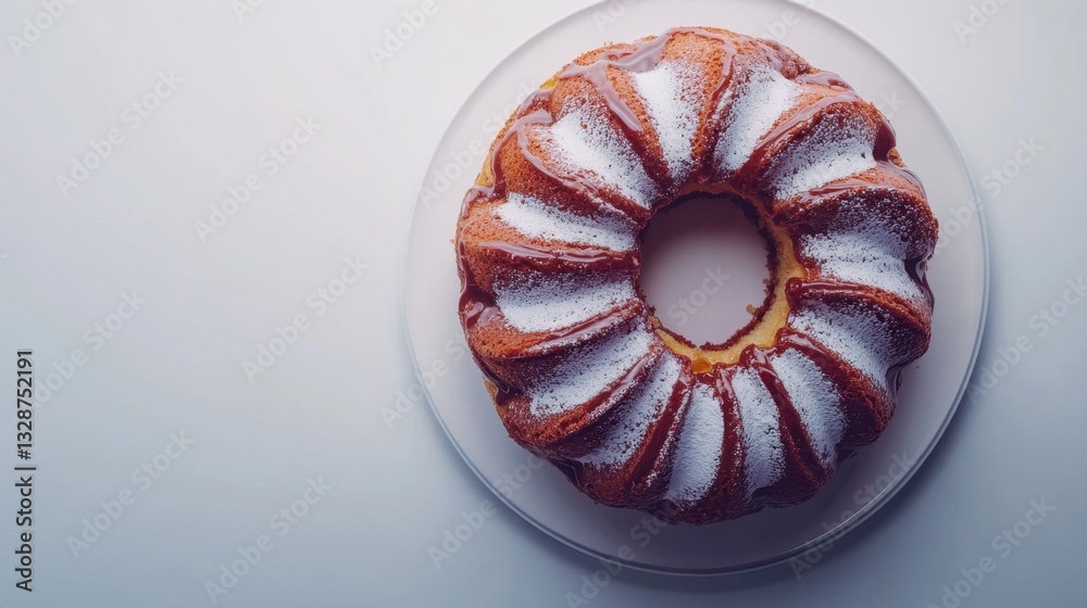 Obraz premium Chocolate cake on a white plate dusted with powdered sugar ready to be served