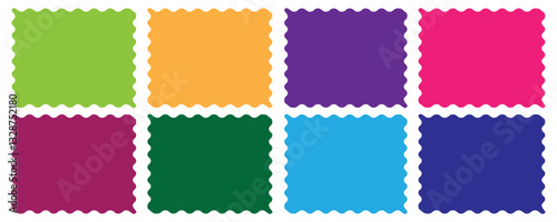 Collection of zig zag edge rectangle shape. design of text box, Geometric zig zag wavy stickers. scallop edge shape. Collection of colourful abstract zig zag wavy frames in different shape.