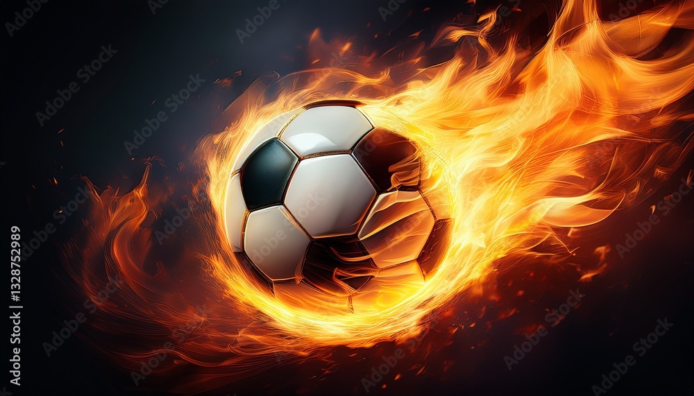 Naklejka premium A soccer ball on fire, with dynamic flames trailing behind, capturing the intense energy and action of the game in a dramatic and fiery sports concept.