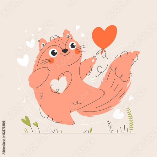 Adorable cartoon squirrel with a fluffy tail holding a heart-shaped balloon, surrounded by floating hearts. Perfect for love, joy, and Valentine's Day themes.