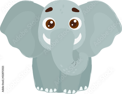 Adorable cartoon illustration of a smiling elephant with big brown eyes, large floppy ears, and a curled trunk on a white background.