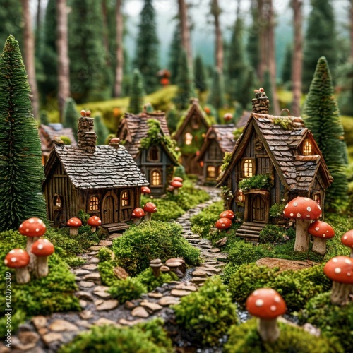 A tiny wooden town surrounded by moss and mushrooms in an evening forest setting. Generated AI