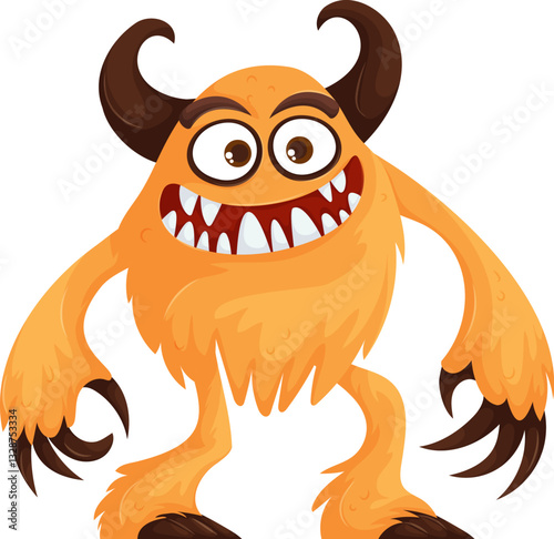 Playful cartoon-style orange furry monster with large curved horns, sharp claws, and a wide toothy grin, standing in a mischievous pose.