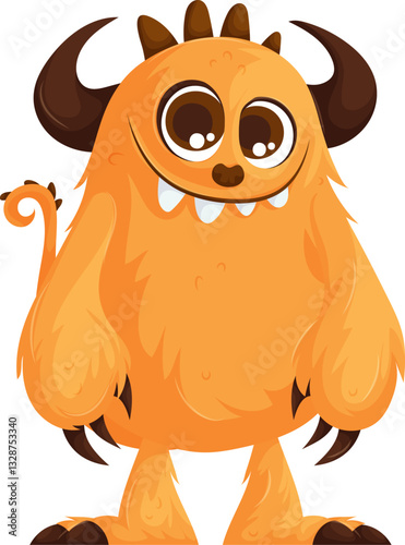 Adorable cartoon-style orange furry monster with big round eyes, curved horns, small spikes, a curly tail, and a friendly toothy smile.