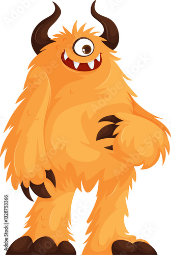 Playful cartoon-style furry orange monster with a single large eye, curved horns, sharp claws, and a friendly grin, standing in a relaxed pose.
