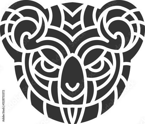 Stylized black and white tribal ram illustration featuring bold geometric patterns and symmetrical design, ideal for tattoos, logos, and graphic art. photo