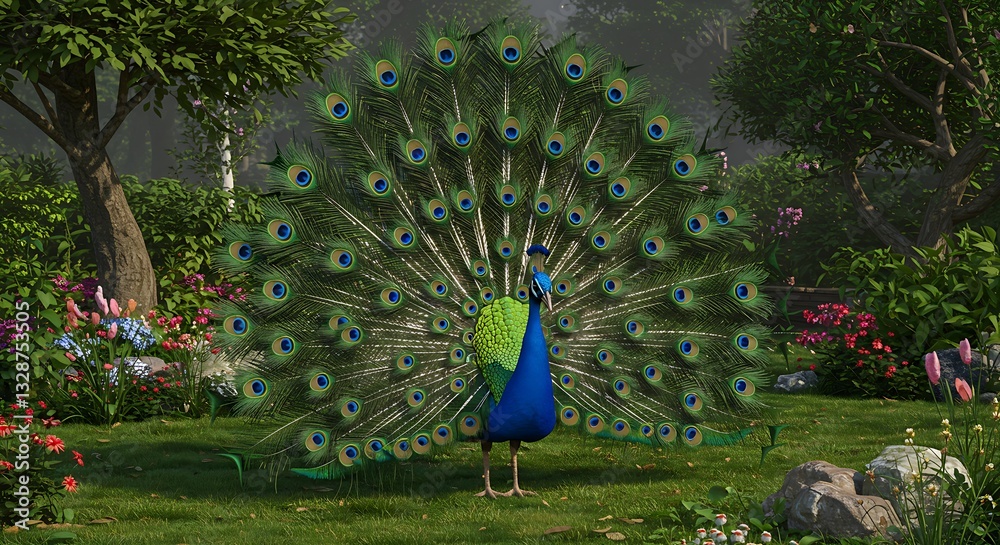 Obraz premium A vibrant 3D peacock spreading its feathers in a lush green garden