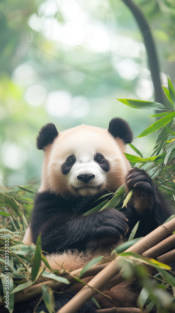 Fototapeta premium A fluffy panda bear rests among bamboo leaves, capturing the tranquility of wildlife. 